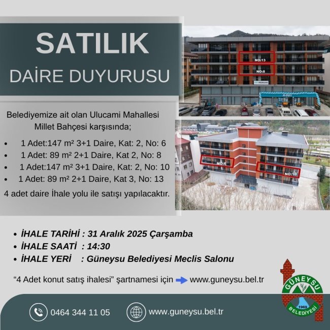 4 ADET KONUT SATIŞ İHALESİ DUYURUSU