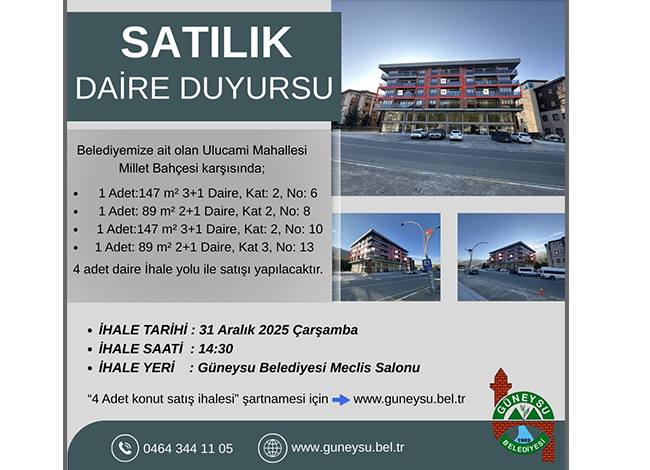 4 ADET KONUT SATIŞ İHALESİ DUYURUSU