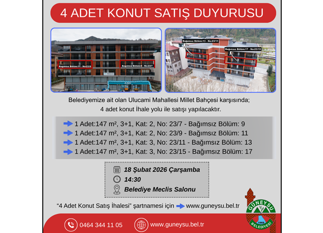 BELEDİYEMİZDEN KONUT SATIŞ DUYURUSU