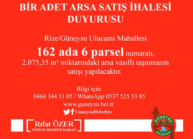 BELEDİYEMİZDEN ARSA SATIŞ İHALESİ DUYURUSU